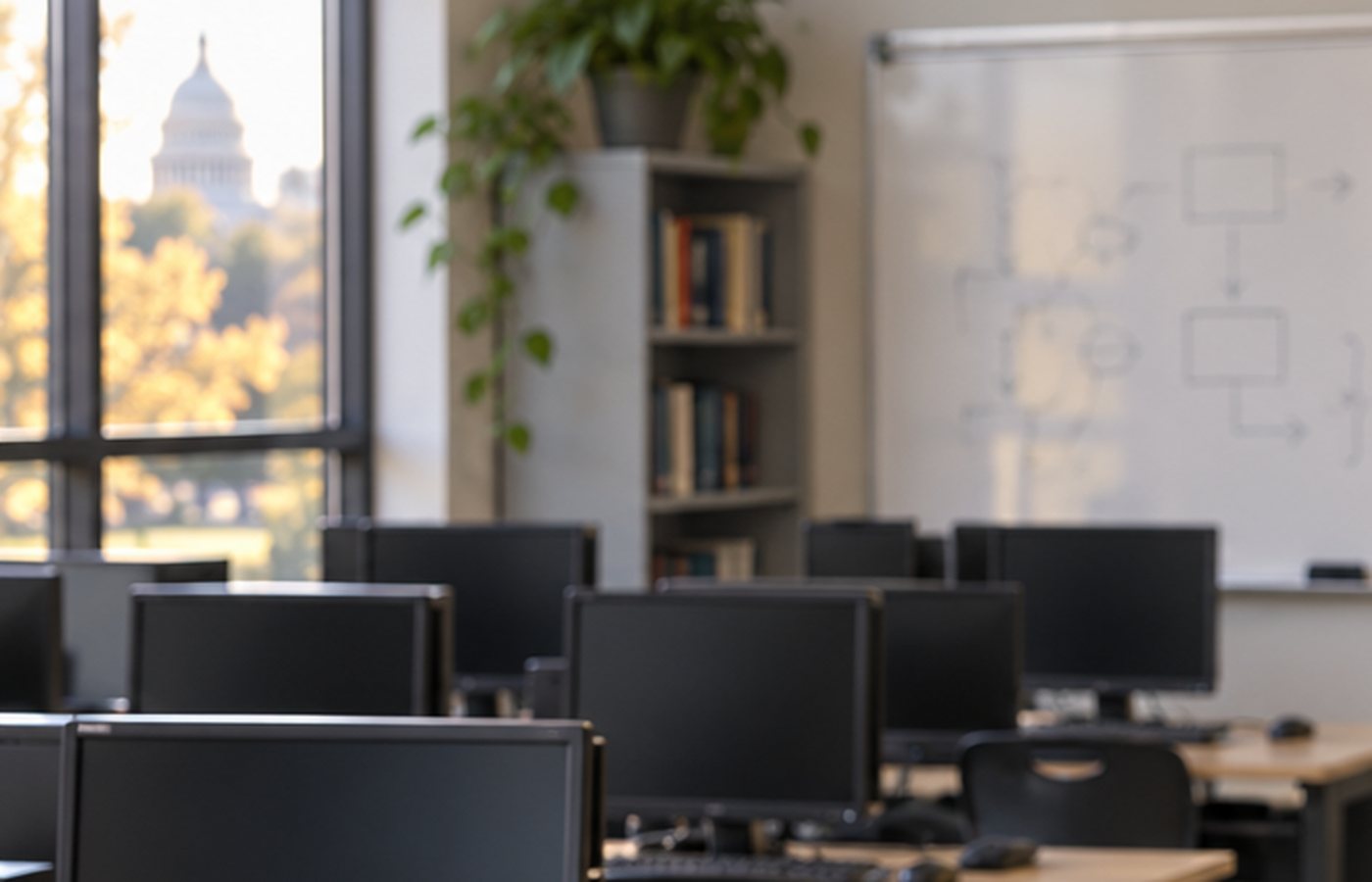 A computer classroom in Washington, DC, with the Capitol dome visible through the window.