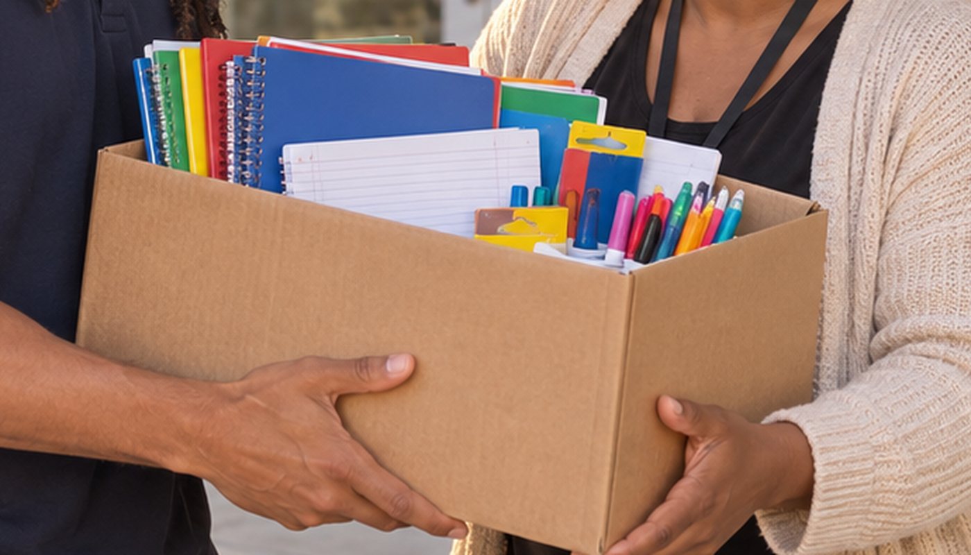 A cardboard box of notebooks, folders and pens being handed from one person to another.