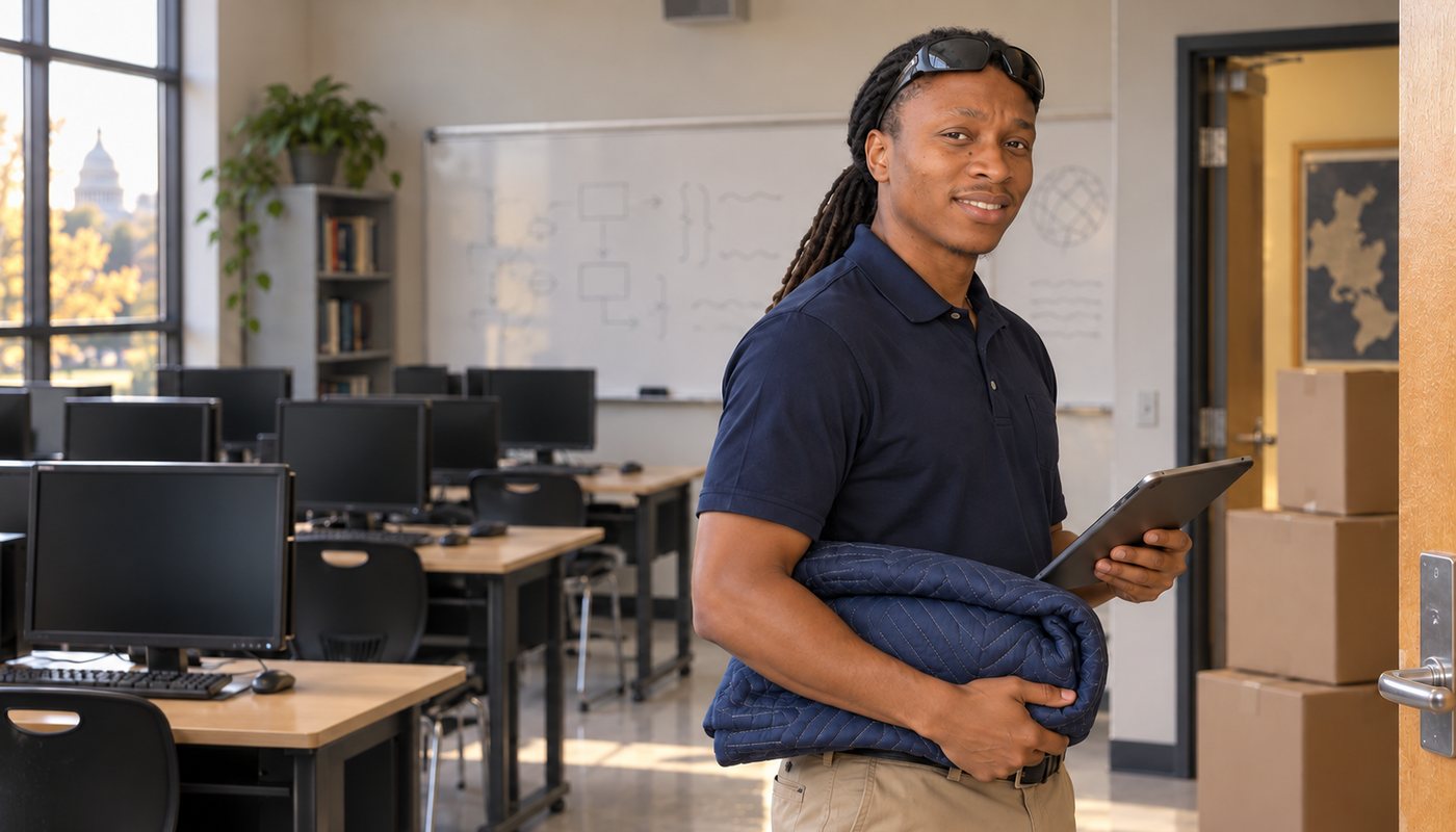 An educator in a navy polo carrying a moving blanket and a tablet in a school computer lab.